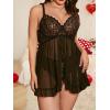 imageOYOANGLE Womens Plus Size 2 Piece Lace Sheer Open Front Underwire Chemise Nightdress with Panty Lingerie SetBlack