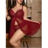 imageOYOANGLE Womens Plus Size 2 Piece Lace Sheer Open Front Underwire Chemise Nightdress with Panty Lingerie SetBurgundy