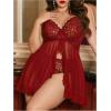 imageOYOANGLE Womens Plus Size 2 Piece Lace Sheer Open Front Underwire Chemise Nightdress with Panty Lingerie SetBurgundy