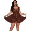 imageOYOANGLE Womens Plus Size 2 Piece Lace Sheer Open Front Underwire Chemise Nightdress with Panty Lingerie SetCoffee Brown