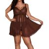 imageOYOANGLE Womens Plus Size 2 Piece Lace Sheer Open Front Underwire Chemise Nightdress with Panty Lingerie SetCoffee Brown