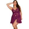 imageOYOANGLE Womens Plus Size 2 Piece Lace Sheer Open Front Underwire Chemise Nightdress with Panty Lingerie SetPurple