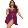 imageOYOANGLE Womens Plus Size 2 Piece Lace Sheer Open Front Underwire Chemise Nightdress with Panty Lingerie SetPurple