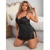 imageOYOANGLE Womens Plus Size 2 Piece Lace Trim Split Hem Satin Nightgown Chemise with ThongBlack