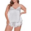 imageOYOANGLE Womens Plus Size 2 Piece Pajama Satin Lace Trim Cami Top and Shorts Sleepwear SetWhite
