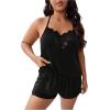 imageOYOANGLE Womens Plus Size 2 Piece Pajama Set Floral Lace Cami Tank Top and Shorts Set SleepwearBlack Lace