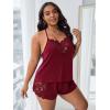 imageOYOANGLE Womens Plus Size 2 Piece Pajama Set Floral Lace Cami Tank Top and Shorts Set SleepwearBurgundy