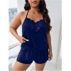 imageOYOANGLE Womens Plus Size 2 Piece Pajama Set Floral Lace Cami Tank Top and Shorts Set SleepwearDeep Blue