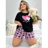 imageOYOANGLE Womens Plus Size 2 Piece Pajama Set Plaid Print Short Sleeve Tee Top and Shorts Set SleepwearBlack Graphic