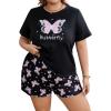 imageOYOANGLE Womens Plus Size 2 Piece Pajama Set Plaid Print Short Sleeve Tee Top and Shorts Set SleepwearBlack Print