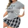 imageOYOANGLE Womens Plus Size 2 Piece Pajama Set Plaid Print Short Sleeve Tee Top and Shorts Set SleepwearGrey Black