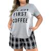 imageOYOANGLE Womens Plus Size 2 Piece Pajama Set Plaid Print Short Sleeve Tee Top and Shorts Set SleepwearGrey Black