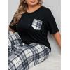 imageOYOANGLE Womens Plus Size 2 Piece Pajama Set Short Sleeve Tee Shirt and Plaid Print Pants Set LoungewearBlack and White