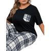 imageOYOANGLE Womens Plus Size 2 Piece Pajama Set Short Sleeve Tee Shirt and Plaid Print Pants Set LoungewearBlack and White