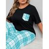 imageOYOANGLE Womens Plus Size 2 Piece Pajama Set Short Sleeve Tee Shirt and Plaid Print Pants Set LoungewearBlue