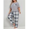 imageOYOANGLE Womens Plus Size 2 Piece Pajama Set Short Sleeve Tee Shirt and Plaid Print Pants Set LoungewearGrey