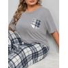 imageOYOANGLE Womens Plus Size 2 Piece Pajama Set Short Sleeve Tee Shirt and Plaid Print Pants Set LoungewearGrey
