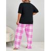 imageOYOANGLE Womens Plus Size 2 Piece Pajama Set Short Sleeve Tee Shirt and Plaid Print Pants Set LoungewearHot Pink