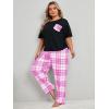 imageOYOANGLE Womens Plus Size 2 Piece Pajama Set Short Sleeve Tee Shirt and Plaid Print Pants Set LoungewearHot Pink