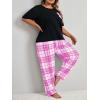 imageOYOANGLE Womens Plus Size 2 Piece Pajama Set Short Sleeve Tee Shirt and Plaid Print Pants Set LoungewearHot Pink