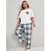 imageOYOANGLE Womens Plus Size 2 Piece Pajama Set Short Sleeve Tee Shirt and Plaid Print Pants Set LoungewearWhite and Grey