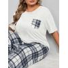 imageOYOANGLE Womens Plus Size 2 Piece Pajama Set Short Sleeve Tee Shirt and Plaid Print Pants Set LoungewearWhite and Grey