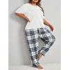 imageOYOANGLE Womens Plus Size 2 Piece Pajama Set Short Sleeve Tee Shirt and Plaid Print Pants Set LoungewearWhite and Grey