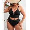 imageOYOANGLE Womens Plus Size 2 Piece Swimsuits Cut Out Tie Front Bikini Set High Waisted Bathing Suits SwimwearBlack