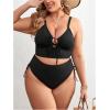 imageOYOANGLE Womens Plus Size 2 Piece Swimsuits Cut Out Tie Front Bikini Set High Waisted Bathing Suits SwimwearBlack
