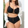 imageOYOANGLE Womens Plus Size 2 Piece V Wired Ruched Swimsuit High Waisted Bikini Set Bathing SuitsBlack