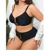 imageOYOANGLE Womens Plus Size 2 Piece V Wired Ruched Swimsuit High Waisted Bikini Set Bathing SuitsBlack