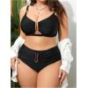 imageOYOANGLE Womens Plus Size 2 Piece V Wired Ruched Swimsuit High Waisted Bikini Set Bathing SuitsBlack