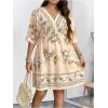 imageOYOANGLE Womens Plus Size Boho Floral Print High Waist V Neck Flared A Line Short DressApricot