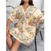 imageOYOANGLE Womens Plus Size Boho Floral Print High Waist V Neck Flared A Line Short DressApricot
