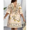 imageOYOANGLE Womens Plus Size Boho Floral Print High Waist V Neck Flared A Line Short DressApricot