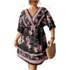 imageOYOANGLE Womens Plus Size Boho Floral Print High Waist V Neck Flared A Line Short DressBlack Floral