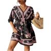 imageOYOANGLE Womens Plus Size Boho Floral Print High Waist V Neck Flared A Line Short DressBlack Floral