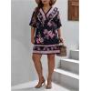 imageOYOANGLE Womens Plus Size Boho Floral Print High Waist V Neck Flared A Line Short DressBlack and Purple
