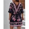imageOYOANGLE Womens Plus Size Boho Floral Print High Waist V Neck Flared A Line Short DressBlack and Purple