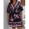 imageOYOANGLE Womens Plus Size Boho Floral Print High Waist V Neck Flared A Line Short DressBlack and Purple