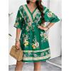 imageOYOANGLE Womens Plus Size Boho Floral Print High Waist V Neck Flared A Line Short DressDark Green