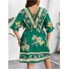 imageOYOANGLE Womens Plus Size Boho Floral Print High Waist V Neck Flared A Line Short DressDark Green