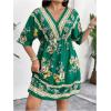 imageOYOANGLE Womens Plus Size Boho Floral Print High Waist V Neck Flared A Line Short DressDark Green