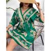 imageOYOANGLE Womens Plus Size Boho Floral Print High Waist V Neck Flared A Line Short DressDark Green