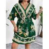 imageOYOANGLE Womens Plus Size Boho Floral Print High Waist V Neck Flared A Line Short DressDeep Green