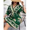 imageOYOANGLE Womens Plus Size Boho Floral Print High Waist V Neck Flared A Line Short DressDeep Green