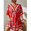 imageOYOANGLE Womens Plus Size Boho Floral Print High Waist V Neck Flared A Line Short DressFloral Print Red