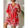 imageOYOANGLE Womens Plus Size Boho Floral Print High Waist V Neck Flared A Line Short DressFloral Print Red