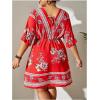 imageOYOANGLE Womens Plus Size Boho Floral Print High Waist V Neck Flared A Line Short DressFloral Print Red
