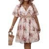 imageOYOANGLE Womens Plus Size Boho Floral Print High Waist V Neck Flared A Line Short DressLight Pink